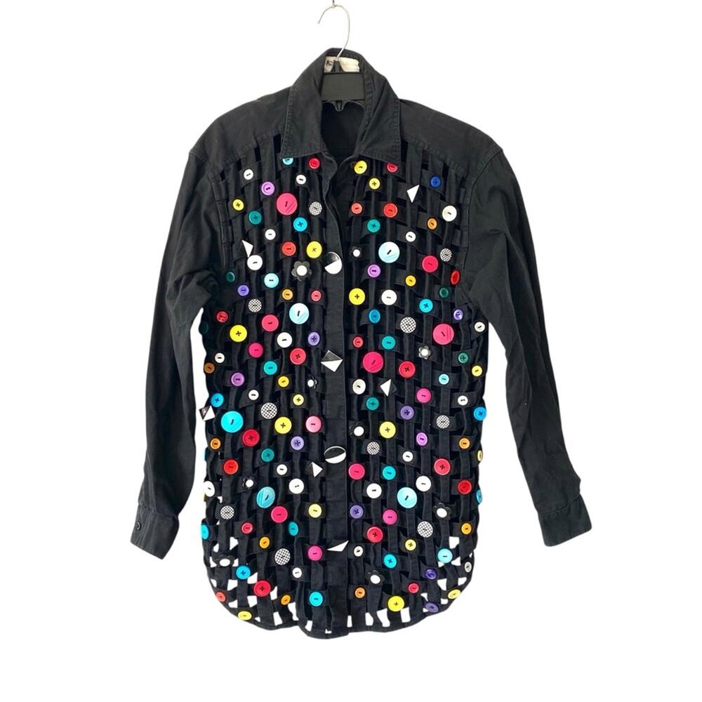 Vintage Yak Magik Woven Lattice Button Embellished Colorful Black Top Tunic